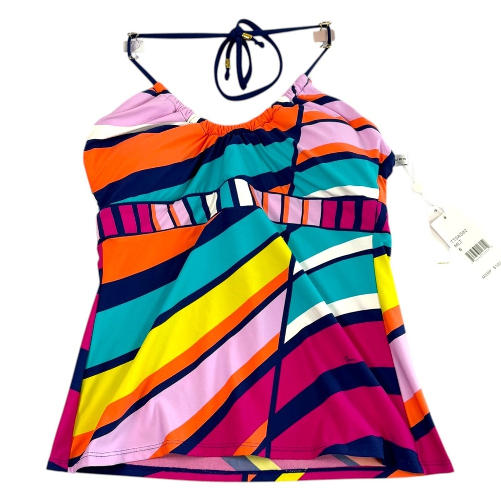 New Trina Turk Catch A Wave Tankini Top 6 Multicolor Geometric Print Halter Swim